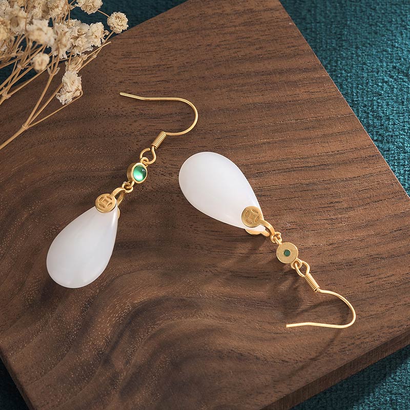 Pendientes colgantes de la suerte de jade blanco FengShui con Buddha Stones