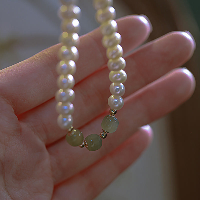 Pulsera de cadena de cuentas de sinceridad de jade blanco de jade cian hetiano con perlas naturales chapadas en oro de 14 quilates