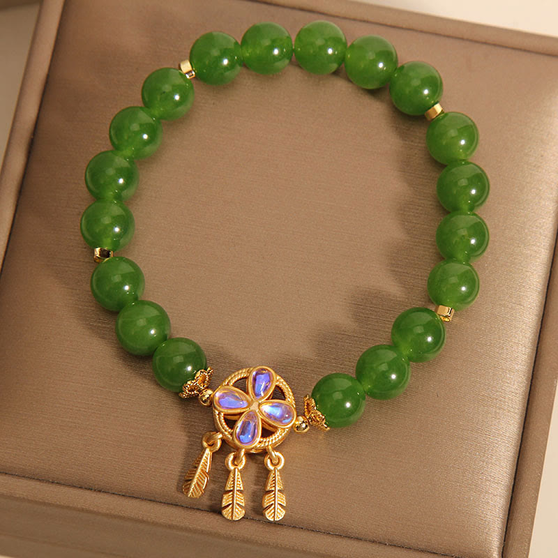 Pulsera de la suerte con trébol de cuatro hojas y atrapasueños de jade verde con Buddha Stones