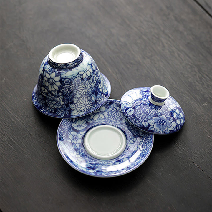 Taza de té y platillo de cerámica Gaiwan Sancai, porcelana azul y blanca Vintage, Buddha Stones , Kung Fu, con tapa