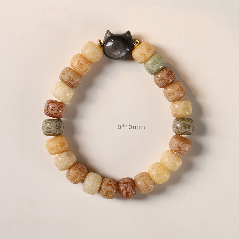 Pulsera de armonía grabada con Buddha Stones de Bodhi, brillo plateado, obsidiana, cabeza de gato, Om Mani Padme Hum - image 5