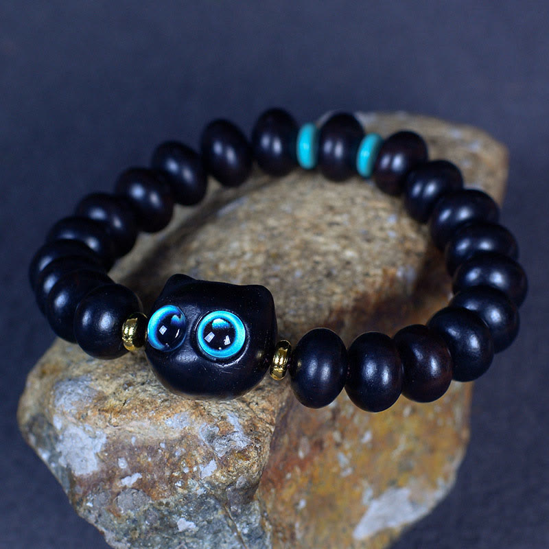 Pulsera de equilibrio de paz de gato encantador de cristal Liuli de madera de ébano con Buddha Stones - image 5