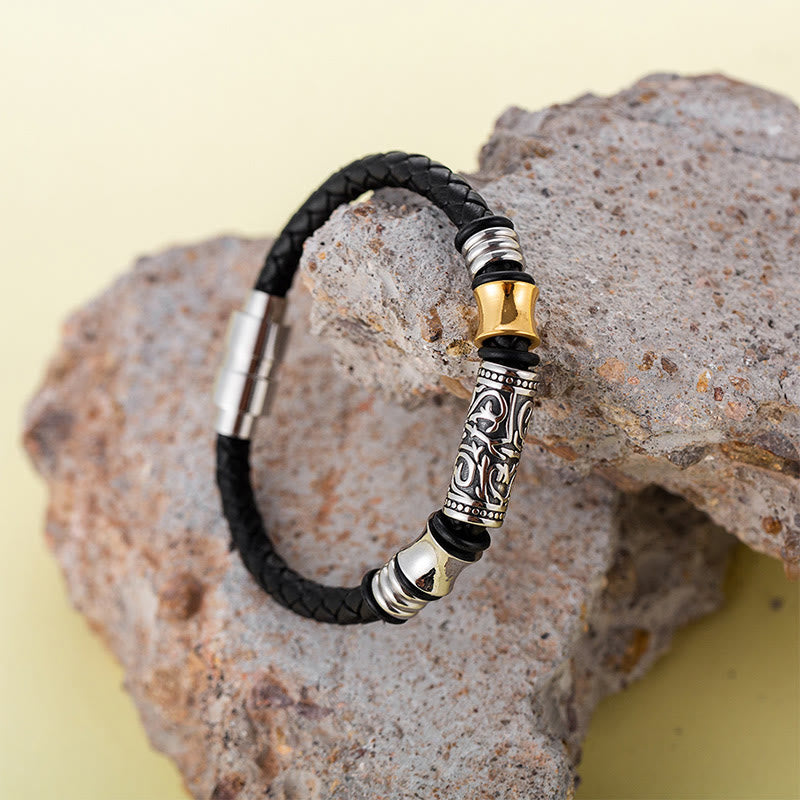 Pulsera de cuero con hebilla de acero inoxidable de la suerte con diseño de flores de la dinastía Tang de Buddha Stones