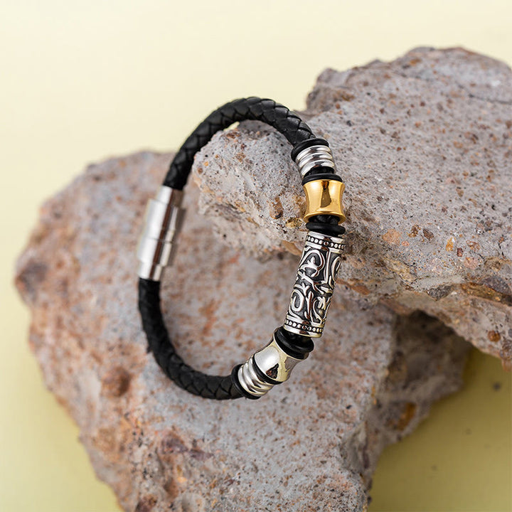 Pulsera de cuero con hebilla de acero inoxidable de la suerte con diseño de flores de la dinastía Tang de Buddha Stones