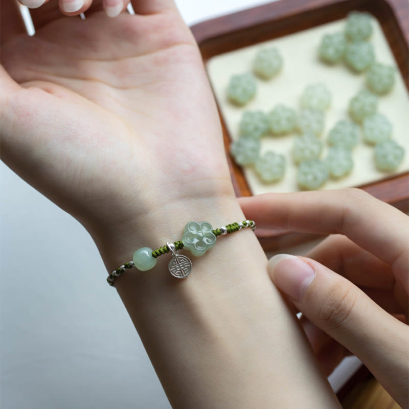 Pulsera trenzada hecha a mano con Buddha Stones , flor de ciruelo, flor de Jade, suerte y prosperidad