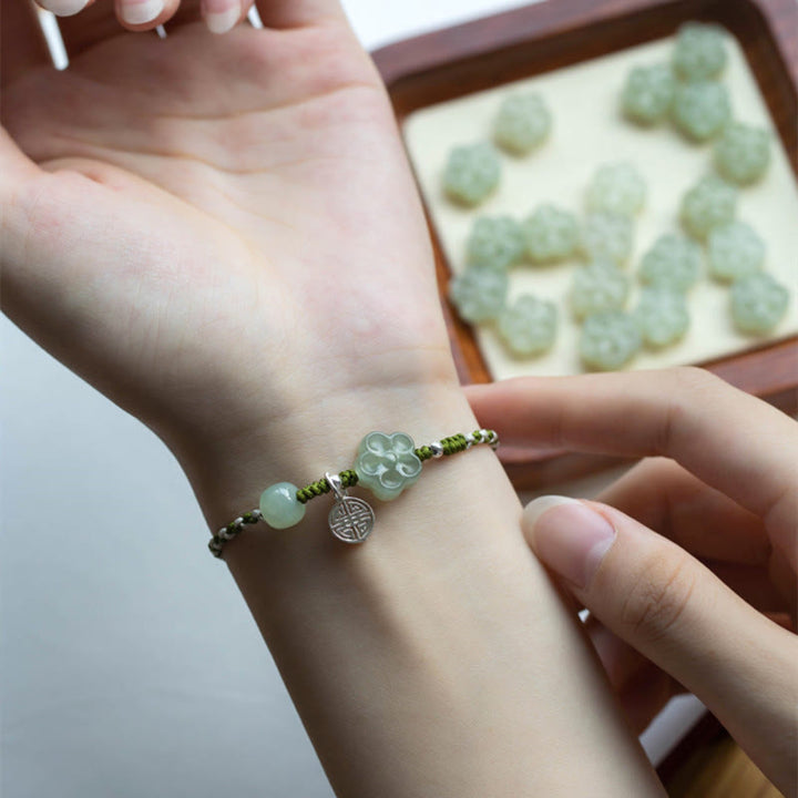Pulsera trenzada hecha a mano con Buddha Stones , flor de ciruelo, flor de Jade, suerte y prosperidad