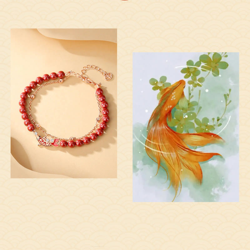Pulsera de cadena de doble capa de plata de ley 925 con Buddha Stones , pez Koi de la suerte, circonita cinabrio, prosperidad