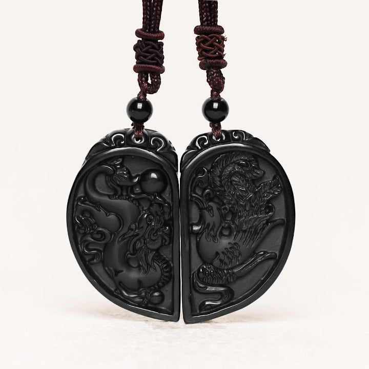 Collar con colgante de protección de fénix, dragón de amor, obsidiana negra, Buddha Stones - image 2