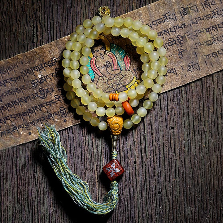 Pulsera de la suerte con 108 cuentas de Mala, cuerno de oveja del Tíbet, ámbar