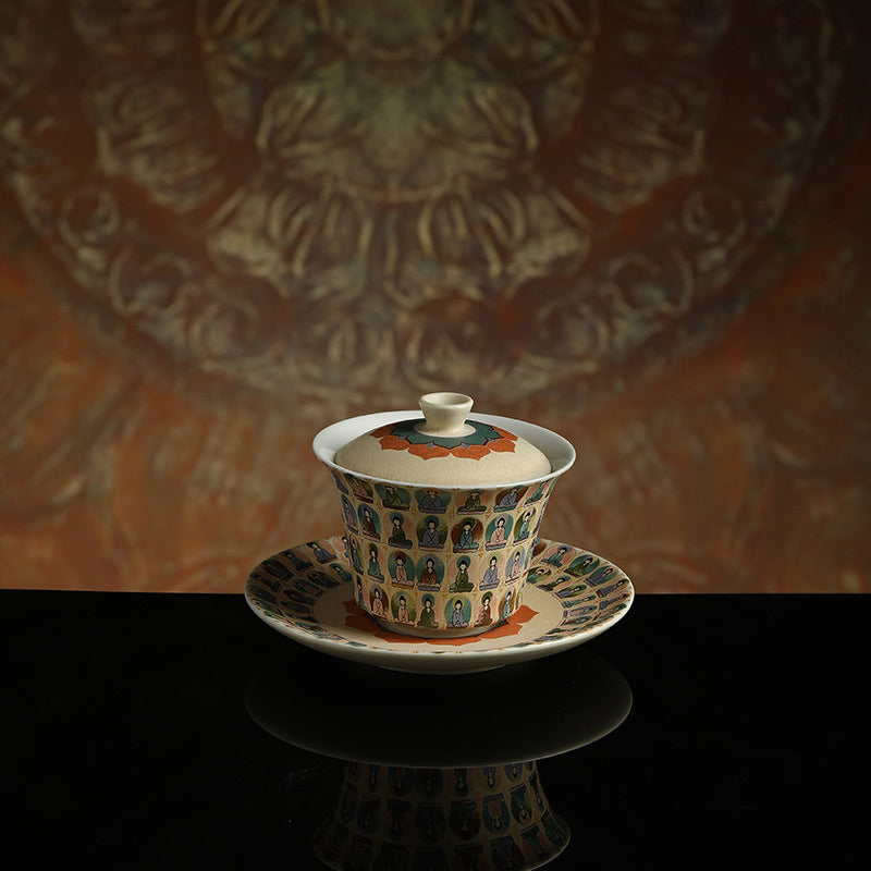 Buddha Stones Dunhuang Color mil Budas volando Apsaras patrón Gaiwan taza de té Kung Fu con tapa
