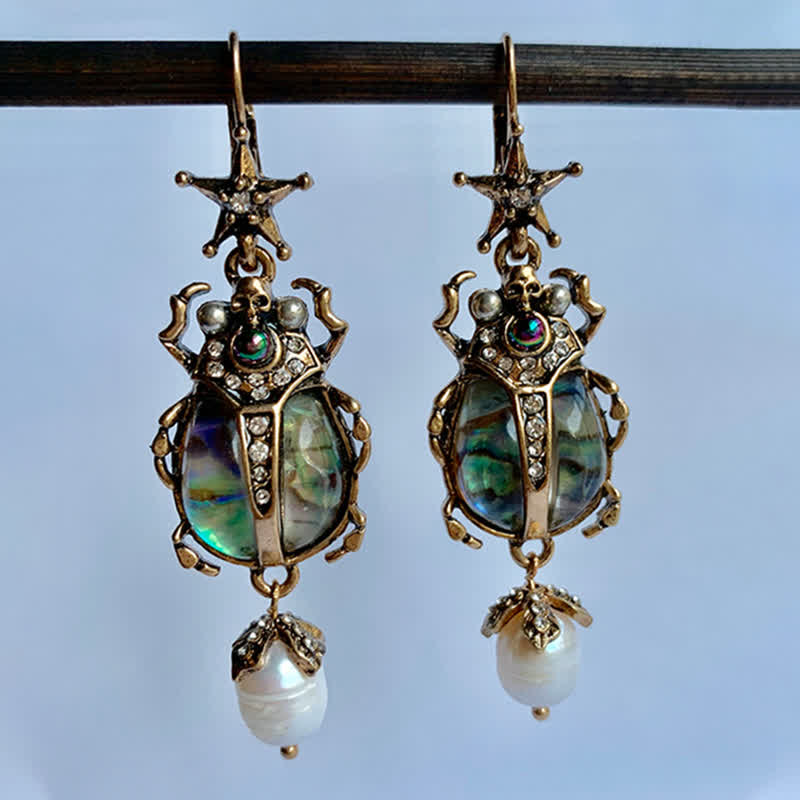 Pendientes colgantes con forma de calavera y escarabajo, estilo vintage, con perlas de cristal y escarabajo