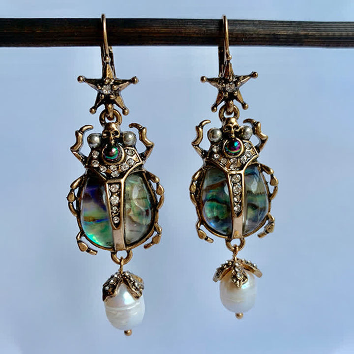 Pendientes colgantes con forma de calavera y escarabajo, estilo vintage, con perlas de cristal y escarabajo