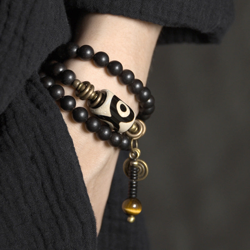 Pulsera de pareja de protección de cobre con cuentas Dzi de madera de ébano y Buddha Stones