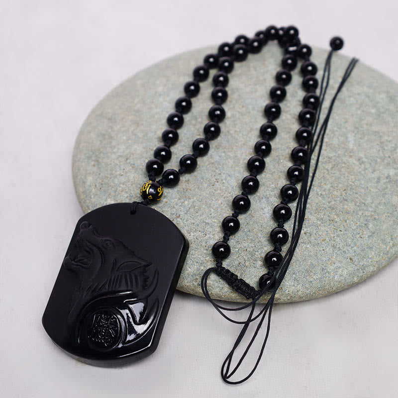 Collar con colgante de purificación de lobo de piedra de obsidiana negra con Buddha Stones