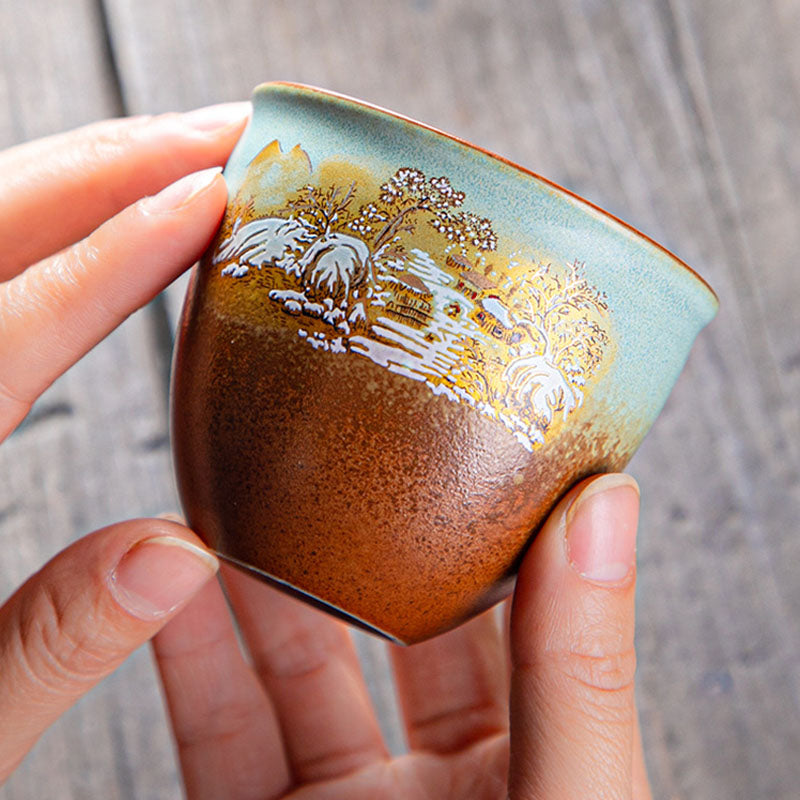 Buddha Stones, ciervo colorido, Pipa, nieve, flores de ciruelo, montañas, ríos, pájaro, taza de té de cerámica, tazón de té de Kung Fu