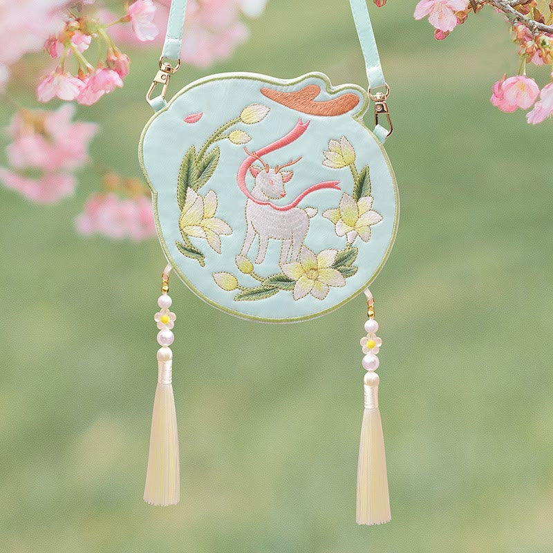 Bordado de Buddha Stones, Panda de la suerte, gato, Shiba Inu, ciervo, conejo, zorro, flor, Animal bonito, Hanfu, bolso cruzado, bolso de hombro