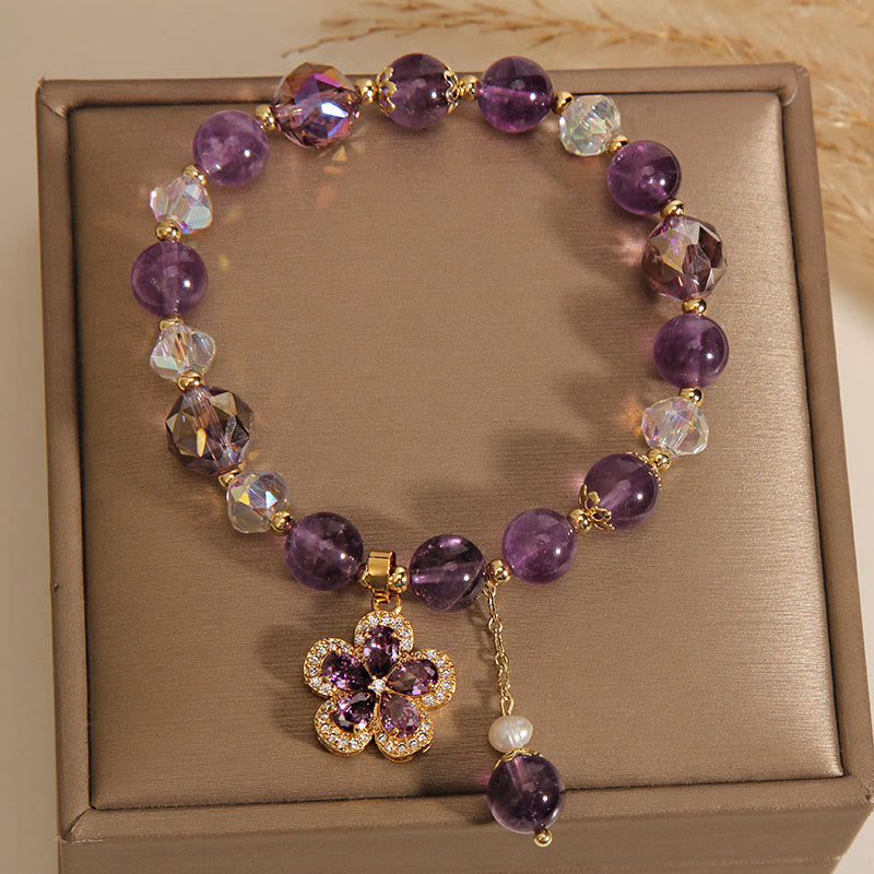 Pulsera de transformación positiva con dije de flor de perla de amatista natural