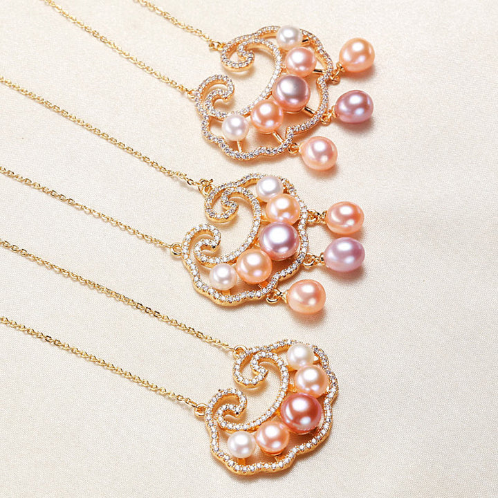 Colgante de collar de sinceridad con dije de cerradura china de perlas naturales chapado en oro de 18 quilates con Buddha Stones