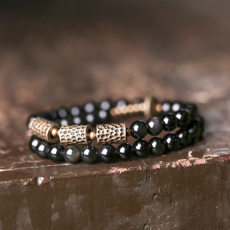 Pulsera de doble vuelta de cobre y obsidiana arcoíris con Buddha Stones