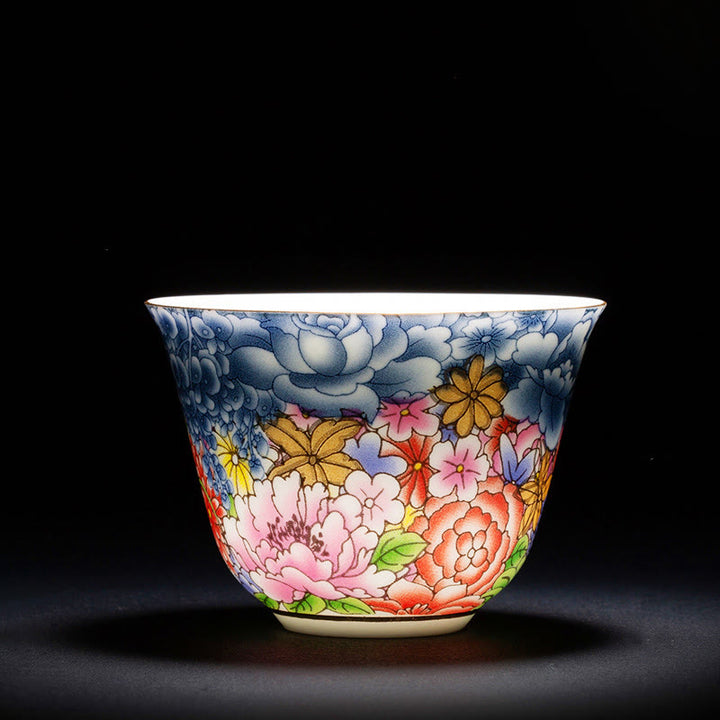 Taza de té de cerámica de porcelana azul y blanca, Buddha Stones, flores coloridas, orquídeas, olas del mar, taza de té de Kung Fu