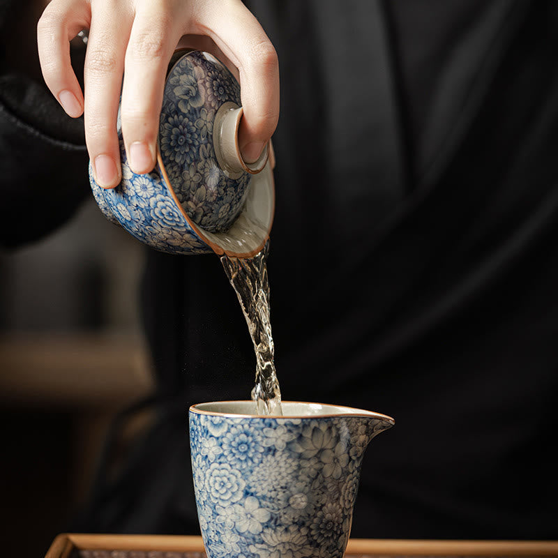 Buddha Stones azul y blanca vintage Flor de durazno Loto Peonía Cerámica Gaiwan Sancai Taza de té Kung Fu Taza de té y platillo con tapa