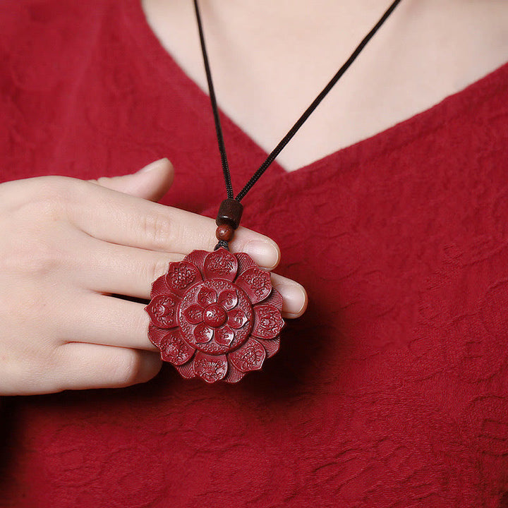 Buddha Stones Natural cinabrio Lotus Om Mani Padme Hum bendición collar cadena colgante
