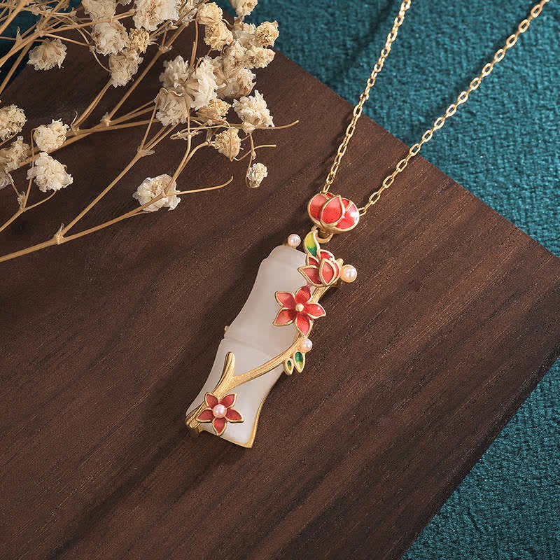 Colgante de collar de protección de la suerte con flores de loto de bambú de jade blanco con Buddha Stones - image 3