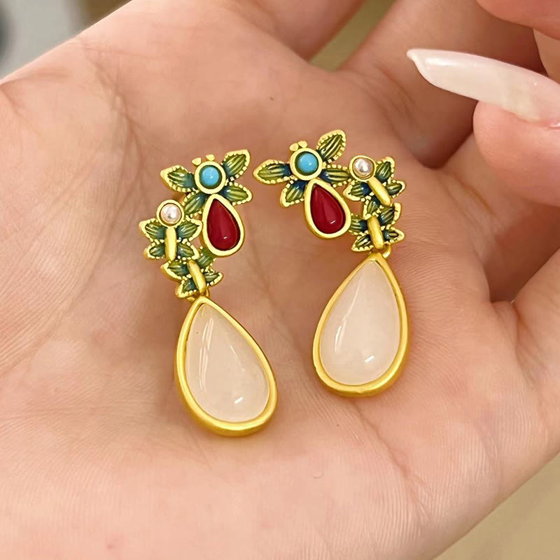 Pendientes colgantes con forma de gota de agua , Buddha Stones , Jade blanco, ágata roja, mariposa, protección