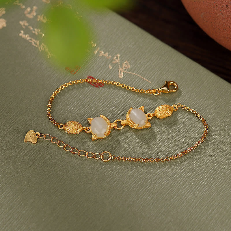 Buddha Stones Plata de Ley 925 Natural Hetian blanco Jade cian Jade encantadora pulsera de la suerte de zorro