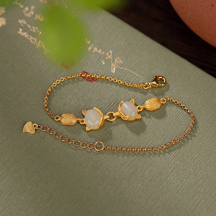 Buddha Stones Plata de Ley 925 Natural Hetian blanco Jade cian Jade encantadora pulsera de la suerte de zorro