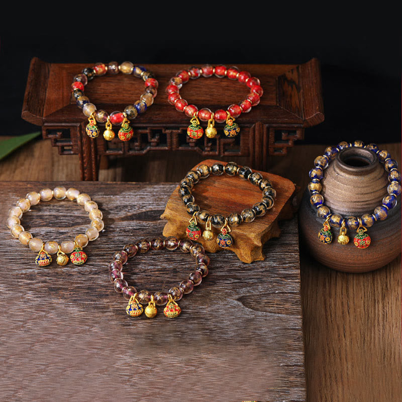 Pulsera de bendiciones de cuentas de vidrio Liuli con Buddha Stones, amuleto familiar de bestia tragadora de oro, lámina dorada y plateada
