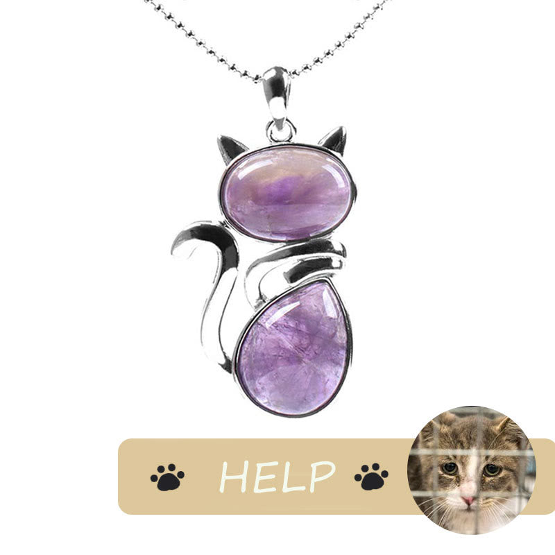 Save A Cat; Lindo patrón de gato Protección de cristal natural Collar con colgante amante de los gatos - image 5