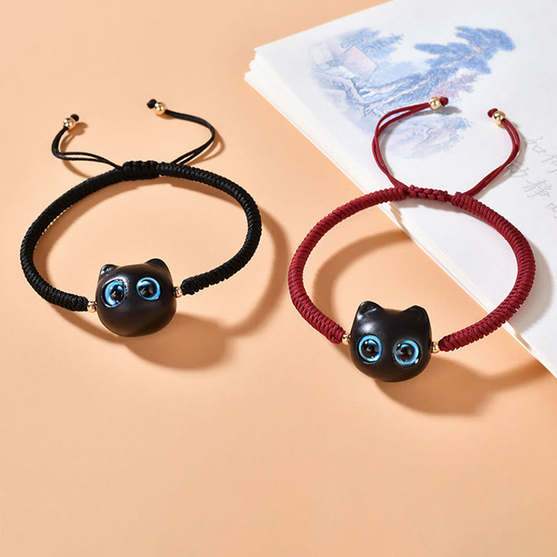 Pulsera trenzada con nudo de King Kong de la paz con patrón de cabeza de gato de madera de ébano con Buddha Stones - image 2