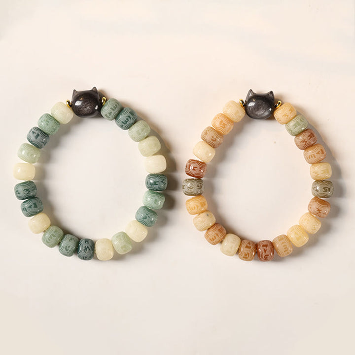 Pulsera de armonía grabada con Buddha Stones de Bodhi, brillo plateado, obsidiana, cabeza de gato, Om Mani Padme Hum - image 14
