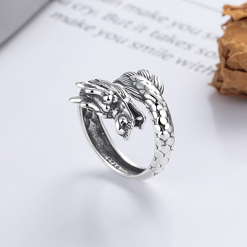 Anillo de metal ajustable con Buddha Stones de plata de ley 925, año del dragón, fuerza de la suerte