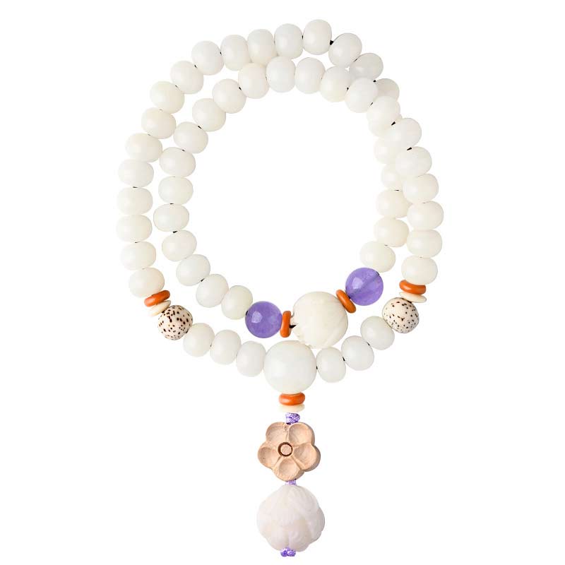 Pulsera de bendición de loto Bodhi de jade blanco tibetano con Buddha Stones