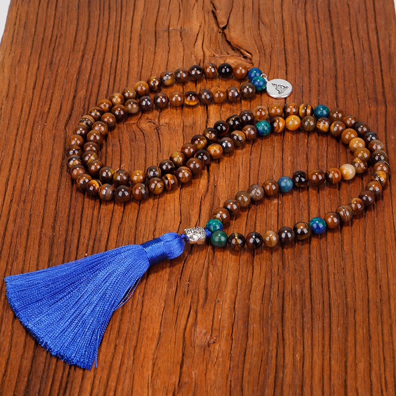 Buddha Stones 108 cuentas Mala, ojo de tigre, pulsera de fuerza de Buda, colgante de collar con borlas