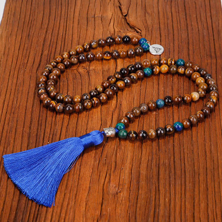 Buddha Stones 108 cuentas Mala, ojo de tigre, pulsera de fuerza de Buda, colgante de collar con borlas