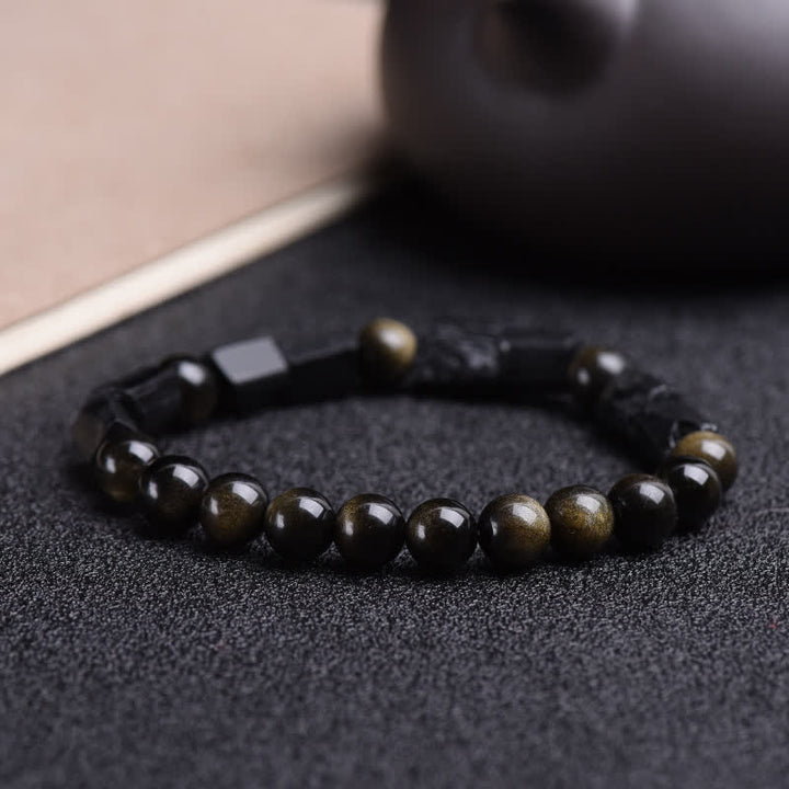 Pulsera de riqueza de turmalina negra obsidiana con brillo dorado de Buddha Stones