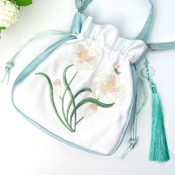 Buddha Stones Flores bordadas Wisteria Lily Algodón Lino Tote Bolso bandolera Bolso de hombro Bolso