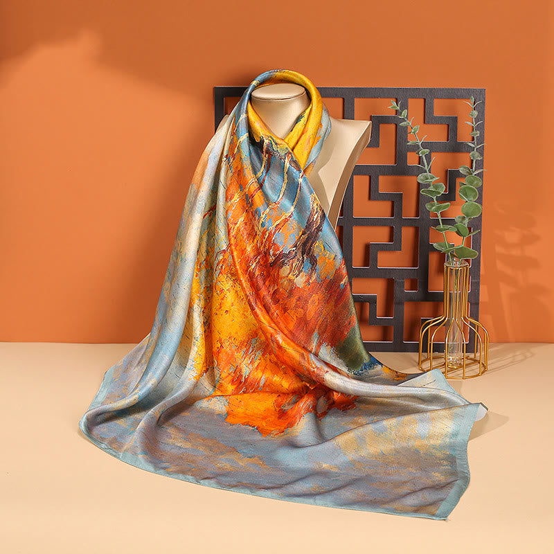 Buddha Stones Pintura al óleo Ciudad Escena de nieve Castillo Loto 100% Seda de morera Cuello Bufanda para el cabello - Pintura al óleo - image 0