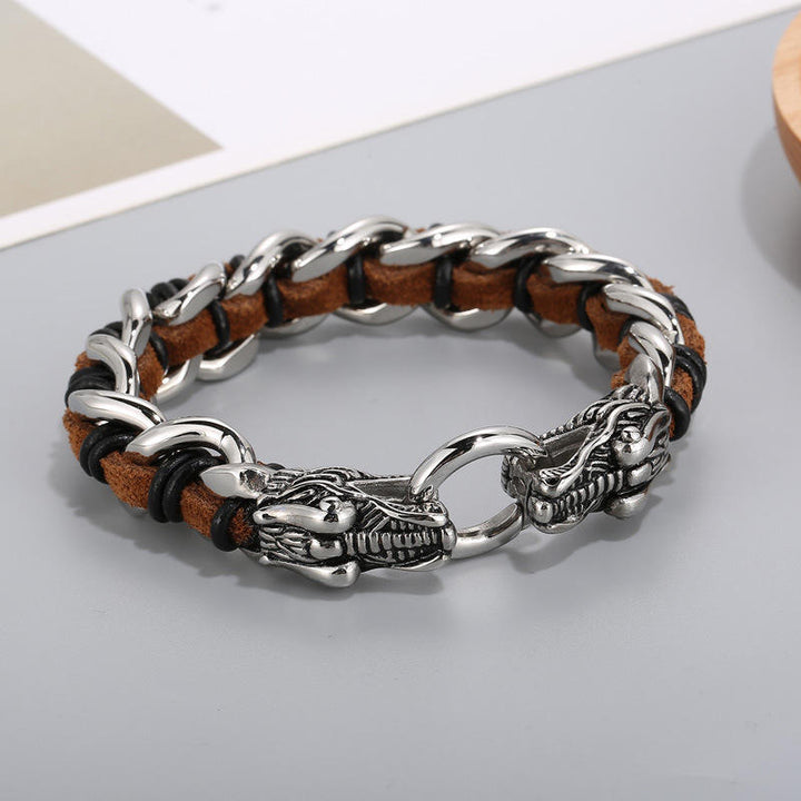 Pulsera trenzada de la suerte con protección de acero titanio y cuero de dragón