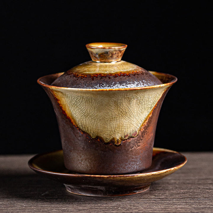 Buddha Stones Vintage marrón horno cambiar diseño porcelana cerámica Gaiwan Sancai taza de té Kung Fu y platillo con tapa