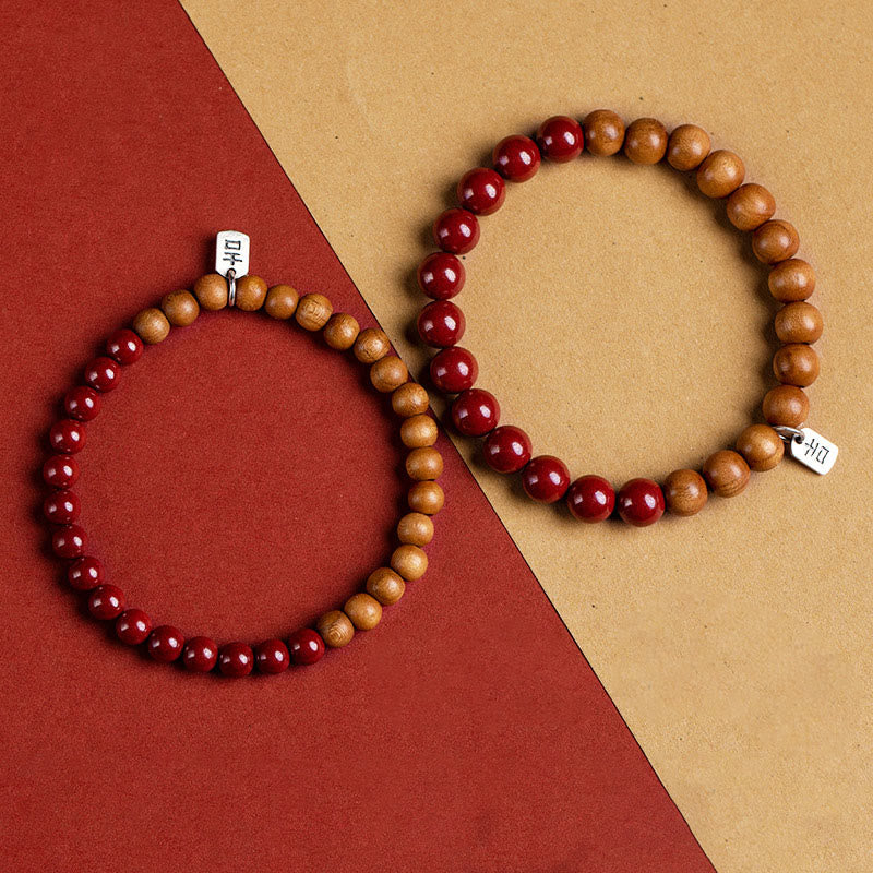 Pulsera de cinabrio de madera de melocotón de plata de ley 925 con Buddha Stones para protegerse de los malos espíritus