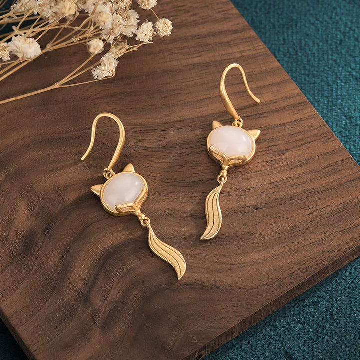 Pendientes de la fortuna del zorro de jade blanco FengShui