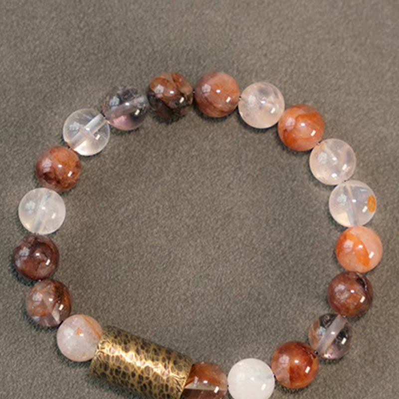 Buddha Stones Cristal blanco Cuarzo hematoide rojo Cuarzo rutilado dorado Pulsera de protección fantasma púrpura