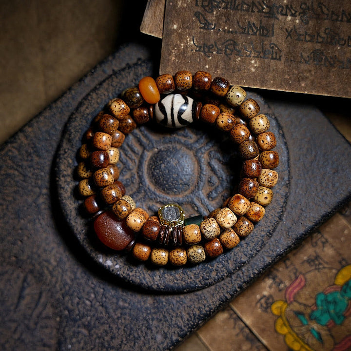 Buddha Stones tibetano Bodhi semilla ámbar Dzi cuentas ágata Zakiram diosa de la riqueza cuentas Triple envoltura pulsera