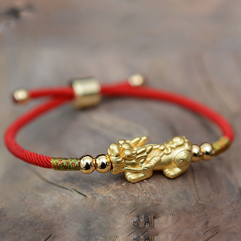 Pulsera de hilo rojo de la suerte PiXiu chapada en oro de 24 quilates con Buddha Stones