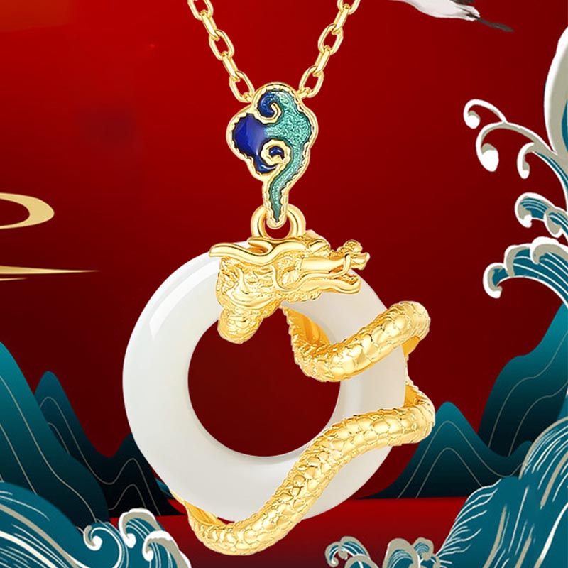 Buddha Stones Año del Dragón Plata de Ley 925 Hetian Jade blanco hebilla de la paz nubes auspiciosas colgante de collar de éxito