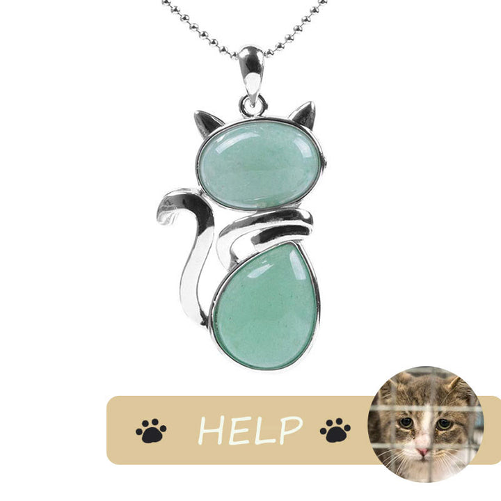 Save A Cat; Lindo patrón de gato Protección de cristal natural Collar con colgante amante de los gatos - image 3
